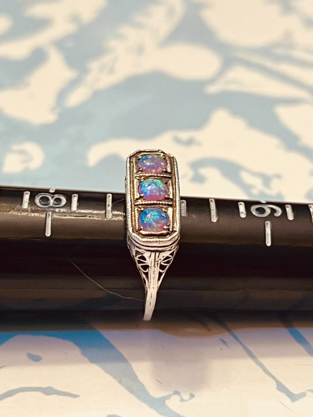 Opal Ring Antique Filigree Style Setting. Sterling Silver